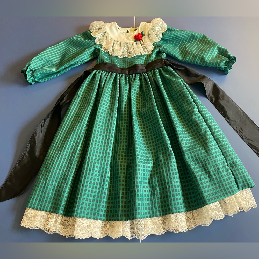 Lovely Vintage Mini World Girls Lace Green Checkered Church Dress Size 6X